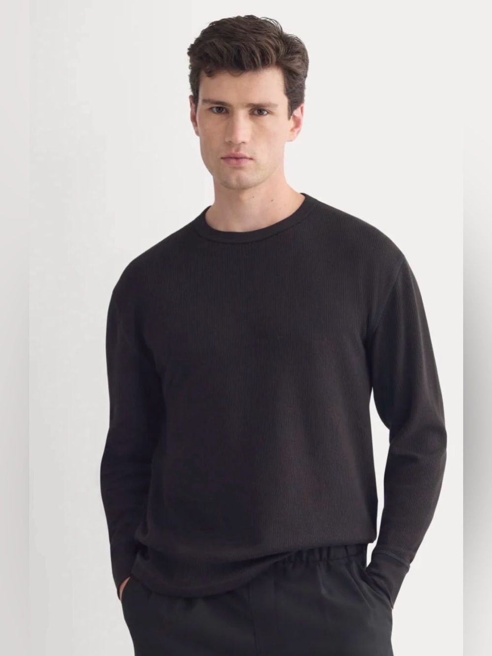 New Everlane THERMAL CREW IN COZY WAFFLE Black Size L